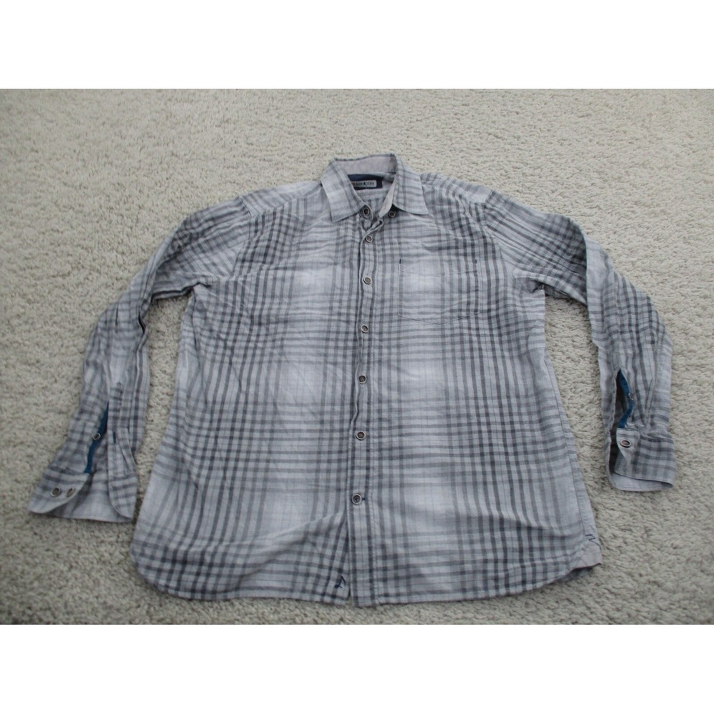 32 Bar Blues Shirt Mens Medium Gray Long Sleeve Button Preppy Casual Plaid A6